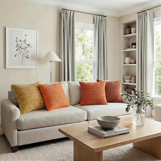 Fancy Homi Set of 4 Burnt Orange Fall Decorative Throw Pillow Covers 18x18 Inch for Couch Bed Chair, Modern Farmhouse Boho Room Decor, Soft Fuzzy Corduroy Textured Striped Cushion Case 45cm