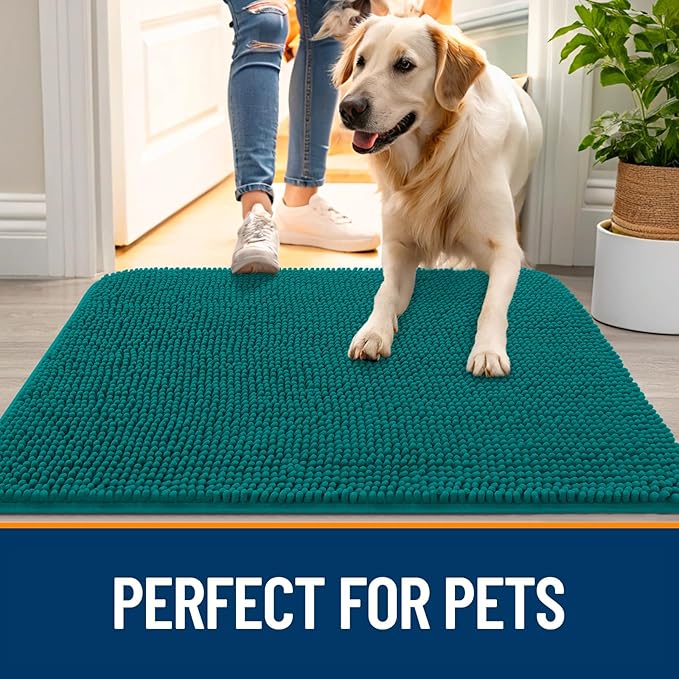 OLANLY Dog Door Mat for Muddy Paws 47x17, Absorbs Moisture and Dirt, Absorbent Non-Slip Washable Doormat, Quick Dry Chenille Mud Mat for Dogs, Entry Indoor Entryway Carpet for Inside Floor, Lake Blue
