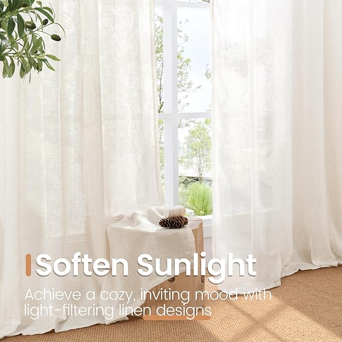 BGment Linen Curtains 36 Inch Length for Small Window Over Sink - Half Drapes Natural Semi Sheer with Rod Pocket for Kitchen Bathroom, 2 Panels Set, 30 X 36 Inch