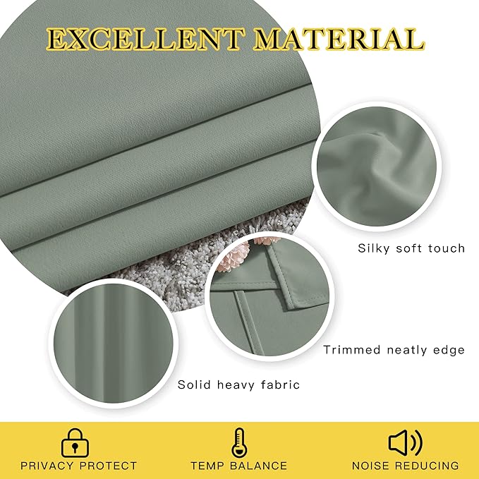 NICETOWN Short Blackout Sage Green Curtains & Drapes for Bedroom - Energy Saving Thermal Insulated Solid Grommet Room Darkening Small Window Treatments for Kitchen/Cafe (2 Panels, W37 x L48)