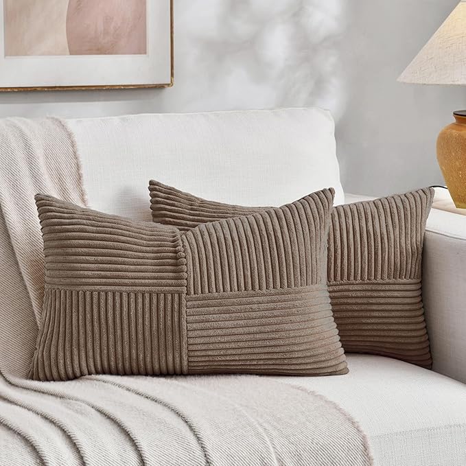 Fancy Homi Set of 2, Light Brown Patchwork Corduroy Decorative Soft Striped Modern Accent Cushion Case Farmhouse Boho Neutral Throw Pillow Covers for Chair Couch Bed Sofa Living Room 24x12 Inch