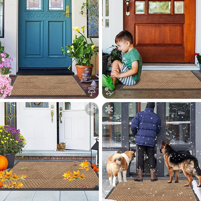 Smiry Front Door Mat Outside Entrance, Heavy Duty Sturdy Natural Rubber Doormat, Trap Dirt and Moisture, Easy Clean Low Profile Mats for Indoor Outdoor Entry, Irregular Triangle (59x30, Coffee)