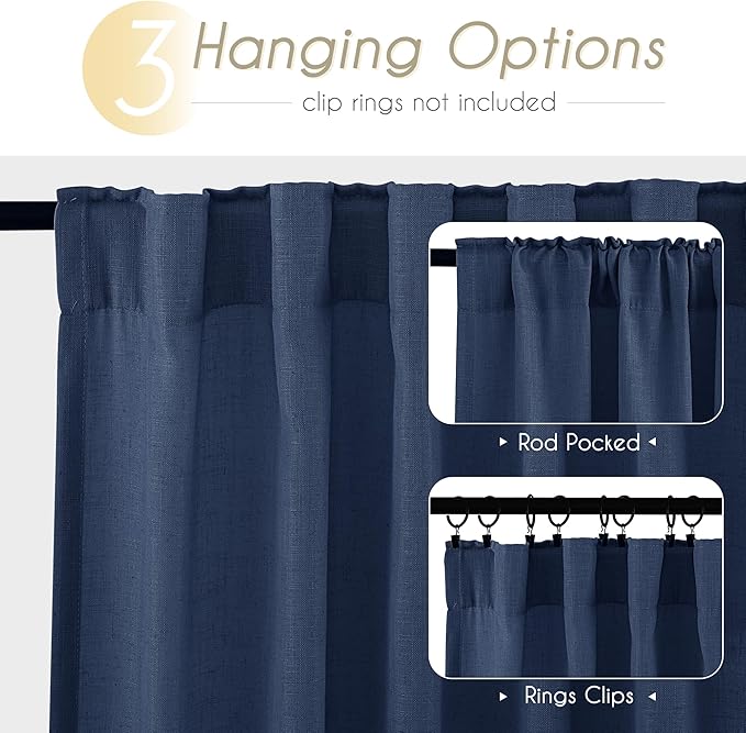 Navy Blue Curtains 102 inch Length for Bedroom Back Tab Light Filtering Semi Sheer Blue Living Room Curtains Linen Cotton Textured Indigo Blue Drapery Panel Modern Farmhouse Aesthetic Decor Dark Blue