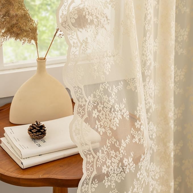 YJ YANJUN Vintage Lace Curtains 84 Inches Long-Retro Floral Beige Sheer Curtain Panels for Living Room Bedroom Shabby Chic Crochet Drapes Grandma Core Decor Light Filtering Pair W52 X L84 Light Beige