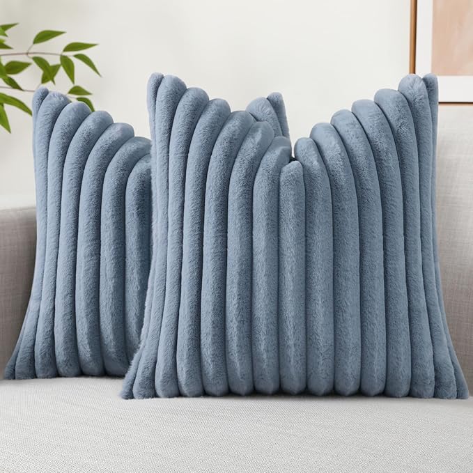 decorUhome Cozy Faux Fur Throw Pillow Covers 24x24 Set of 2 Decorative Soft Plush Striped Modern Farmhouse Boho Couch Euro Sham Pillow Cases with Velvet Back for Sofa Bed Living Room, Grey Blue
