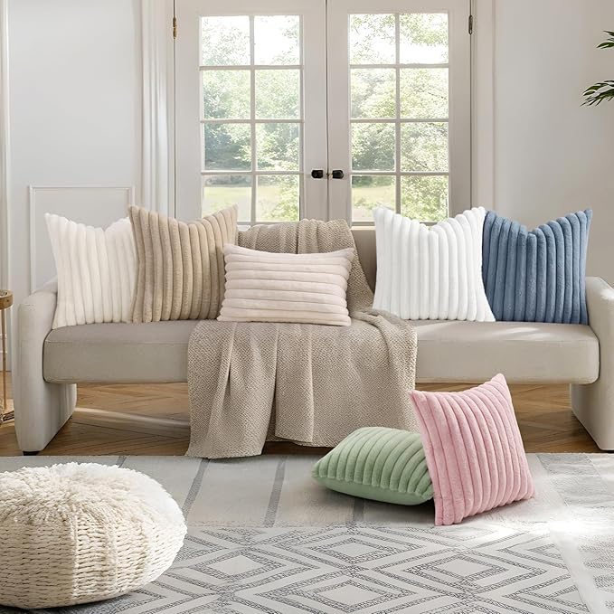 decorUhome Summer Cozy Faux Fur Throw Pillow Covers 18x18 Set of 2 Decorative Soft Plush Striped Modern Farmhouse Boho Couch Pillow Cases with Velvet Back for Sofa Bed Living Room, White