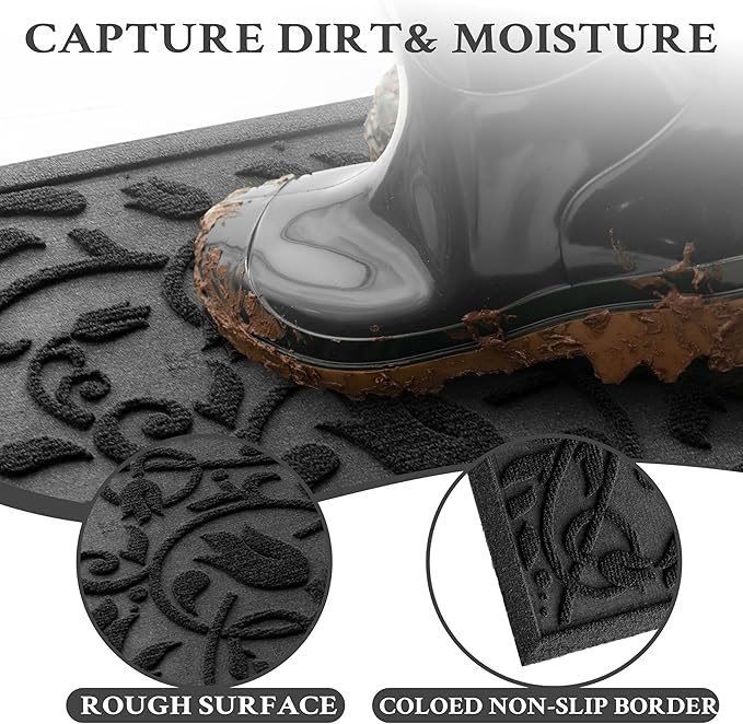 Boho Black Floral Leaves Outdoor Indoor Entrance Doormats, Absorbent Durable Heavy Duty Welcome Front Door Mat,Thick Natural Rubber Back,Easy Clean Entryway Mat 23x35 Inch, Low Profile