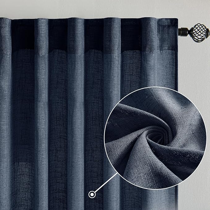 MIULEE Navy Blue Linen Curtains 72 Inch Length 2 Panels for Bedroom Living Room, Soft Thick Linen Textured Natural Window Drapes Semi Sheer Light Filtering Back Tab Rod Pocket Burlap Look Decor