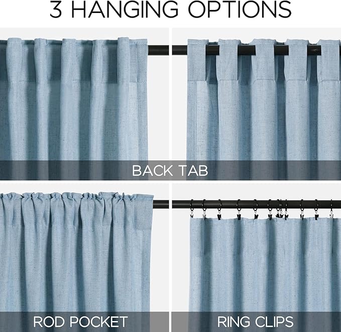 Nanspring Blue Extra Long Curtain 102 inches Long 2 Panels Set for Living Room Back Tab Modern Farmhouse Coastal Decor Cotton Textured Dusty Blue Sheer Linen Curtains for High Window 52x102