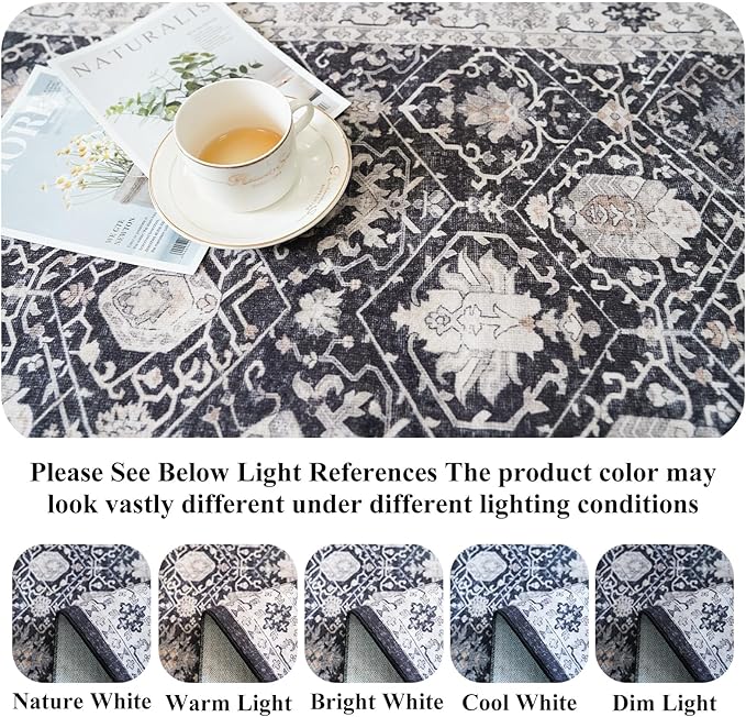Washable 3x5 Entryway Area Rugs: Ultra Soft Low Pile Carpet for Kitchen Nursery Indoor Light-Weight Doormat Anti-Slip Cozy Rug for Living Room Bedroom Small Vintage Floor Mat Home Decor(3x5,Black)