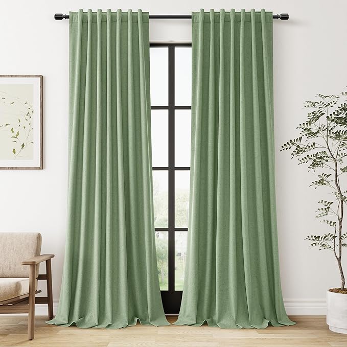 Guken 100% Blackout Linen Curtains 84 Inch Length 2 Panels Set for Living Room Bedroom Back Tab Thermal Insulated Black Out Linen Drapes Room Darkening Window Curtains 84 Inches Long,Light Sage