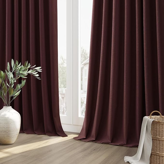 Guken 100% Blackout Curtains 90 Inch Length 2 Panels Set for Living Room Bedroom Back Tab Thermal Insulated Black Out Linen Drapes Room Darkening Reddish Brown,52x90