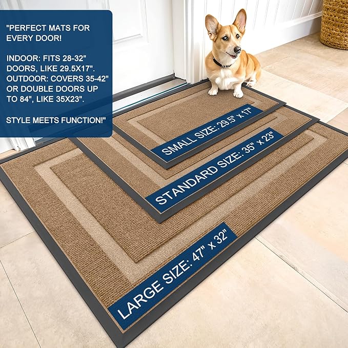 OLANLY Front Door Mat Indoor Outdoor Entrance, Waterproof All-Season, All-Weather Doormat, Sturdy Natural Rubber, Fade Resistant, Low Profile, Easy Clean Patio Porch Entryway Mat, 47x23, Light Borwn