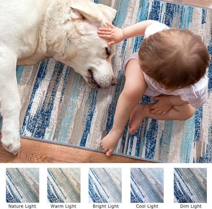 Lansny Modern Abstract Runner Rug 2x5, Blue Washable Entryway Kitchen Runner Non-Slip Soft Hallway Rug Runner Thin Print Faux Wool Carpet for Bedroom Laundry Room Indoor