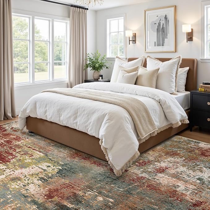 Washable Area Rugs 7'x9' Non-Slip Modern Abstract Soft for Living Room Entryway Bedroom Nursery, Print Pattern, Brown Rust Red Green Blue Multi
