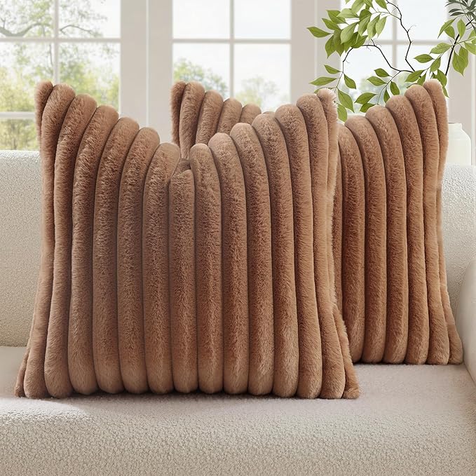 decorUhome Cozy Faux Fur Throw Pillow Covers 22x22 Set of 2 Decorative Soft Plush Striped Modern Farmhouse Boho Couch Euro Sham Pillow Cases with Velvet Back for Sofa Bed Living Roomr, Brown