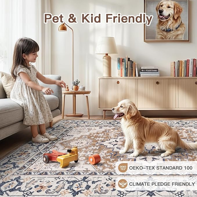 Lofus 4ft Area Rugs for Living Room, Washable Area Rug, Rugs for Bedroom, Kitchen, Vintage Boho Carpet, Soft Non-Slip, Low Pile Large Area Rug for Office Dining Room, Floral Brown
