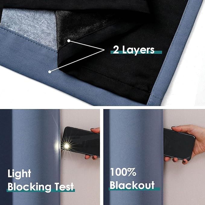 ChrisDowa 100% Blackout Curtains 78 inch Long for Bedroom with Black Liner, 2 Thick Layers Total Blackout Thermal Insulated Grommet Window Curtains 2 Panels Set (Stone Blue, 42 x 78 Inch)