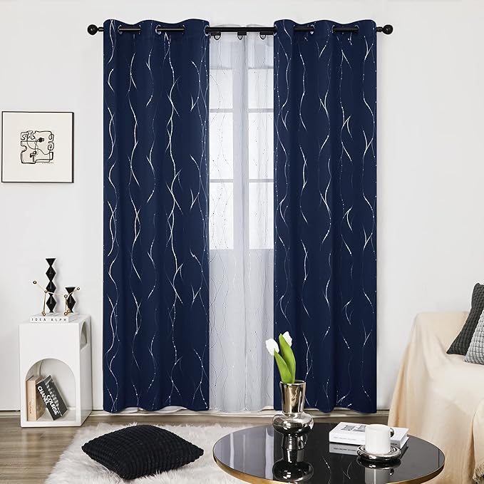 Deconovo Navy Blue Curtains, Blackout Curtain for Bedroom, 42 x 84 Inch, Thermal Insulated Soundproof Privacy Drapes with Silver Wave Dots Pattern, Grommet Top, Machine Washable Panel for Living Room