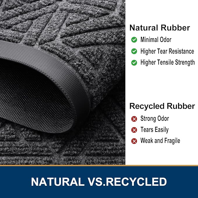 Smiry Front Door Mat Outside Entrance, Heavy Duty Sturdy Natural Rubber Doormat, Trap Dirt and Moisture, Easy Clean Low Profile Mats for Indoor Outdoor Entry, Grid Geometric (71x23, Grey)