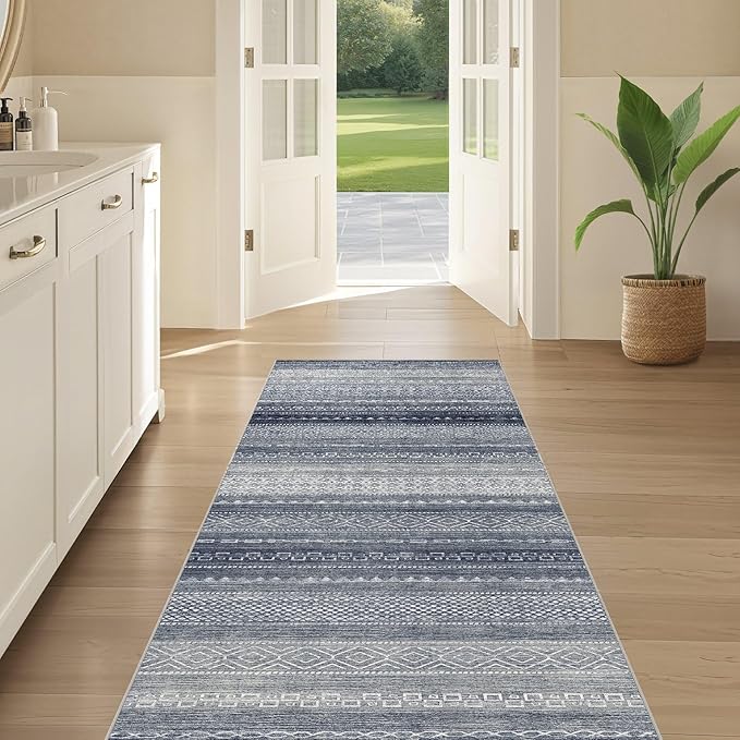 Nakagishi Area Rug Living Room Rugs: 2X6 Machine Washable Boho Large Neutral Farmhouse Stain Resistant Moroccan Indoor Floor Carpet for Bedroom Nursery Dorm Dining Room Home-Denim Blue