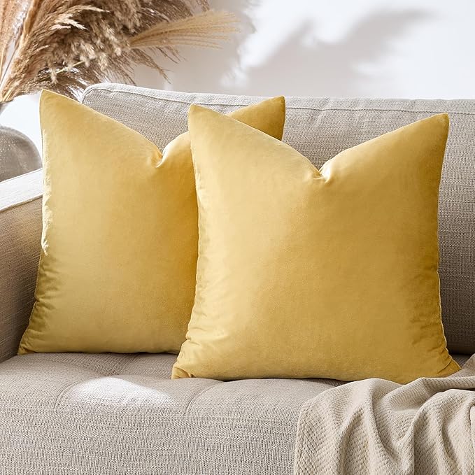 GIGIZAZA 18x18 Yellow Velvet Decorative Throw Pillow Covers for Sofa Bed 2 Pack Soft Cushion Cover