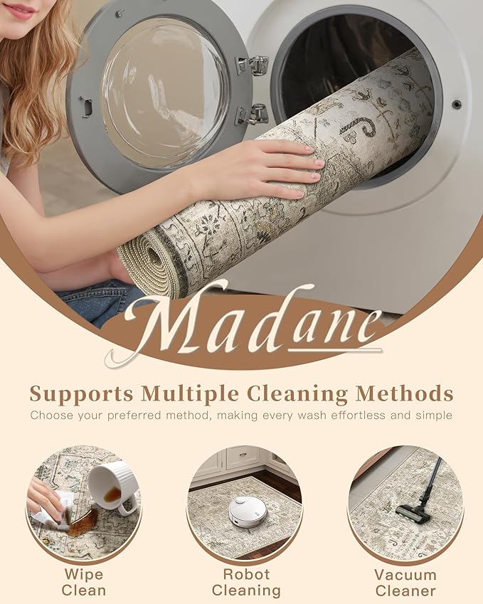 Madane Hallway Runner Rug 3x16 - Vintage Non Slip Washable 16ft Kitchen Runner for Entrance Soft Long Carpet Runners for Living Room Bathroom Low Pile Floor Mat for Bedroom Dining Room, Ivory/Brown