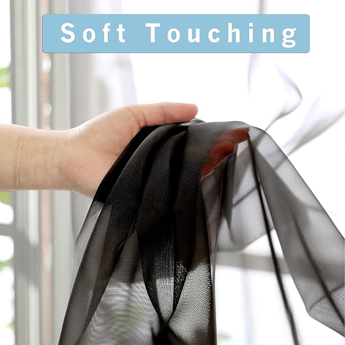OWENIE Black Sheer Curtains 90 Inches Long 2 Panels Set, Elegant Sheer Curtains for Bedroom, Window Voile Sheer Curtain Panels/Drapes/Treatment for Living Room, 2Pcs, Each 42" W x 90" L, Black