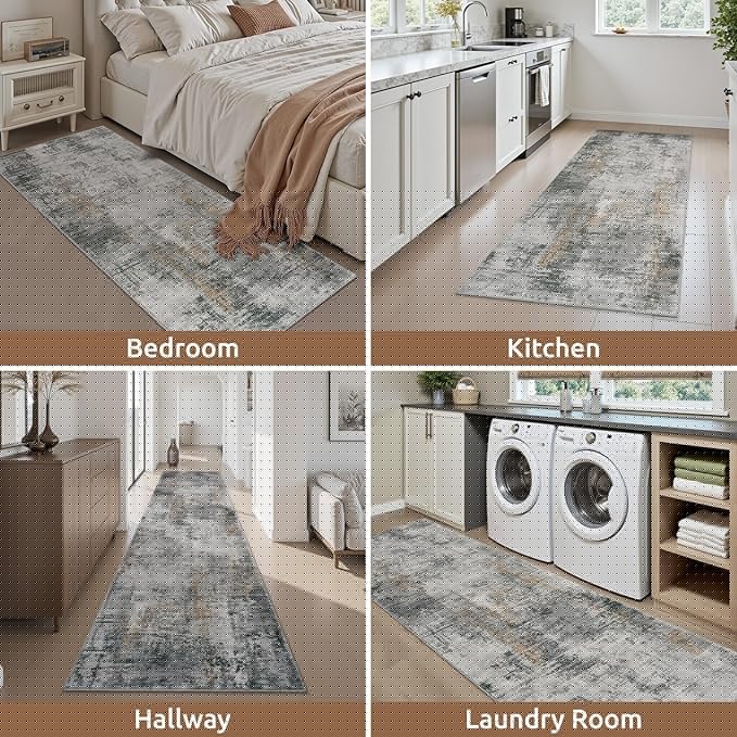 AMOAMI 2 x 10 Hallway Runner Rug Non Slip Super Soft Long Runner Rugs Machine Washable Low Pile Modern Abstract Runners for Hallways for Bedroom Laundry Room Kitchen, Grey