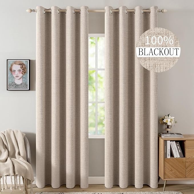 MIULEE 100% Blackout Linen Textured Curtains for Bedroom 100 Inches Extra Long Thermal Insulated Natural Beige Grommet Room Darkening Curtains & Drapes Luxury for Living Room Nursery (2 Panels)