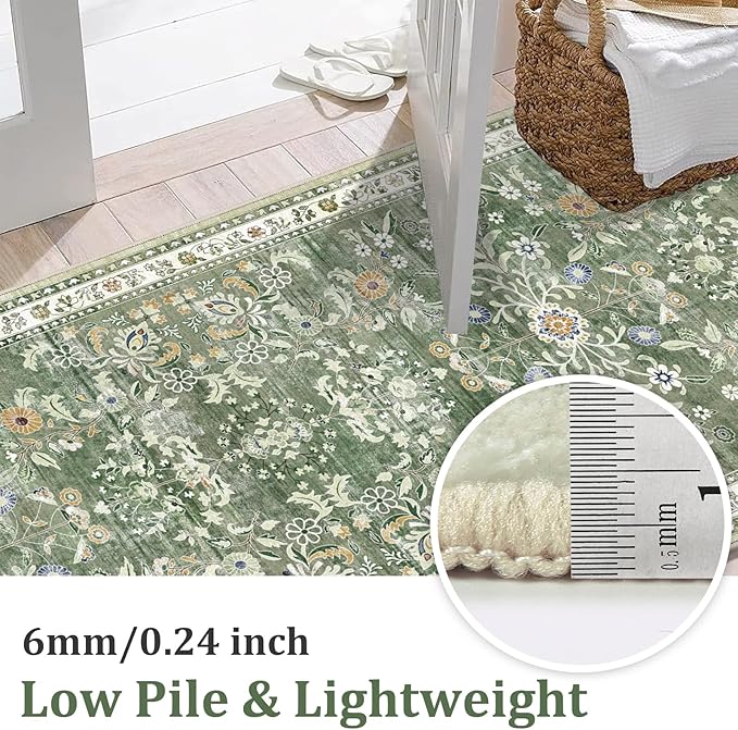Yamaziot Washable Runner Rug 3x10 – Large Floral Non Slip Boho Hallway Runner Rug with Rubber Backing, Low Pile Faux Wool Distressed Carpet for Kitchen, Laundry, Bedroom, Entrance, Green