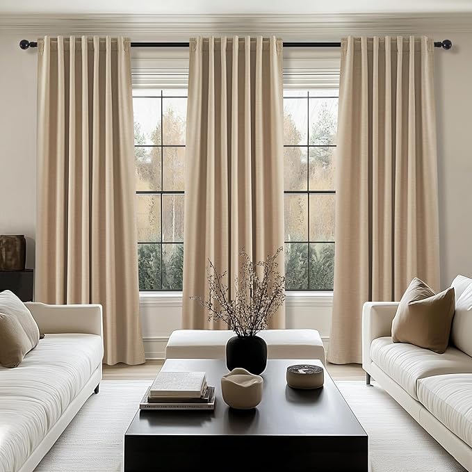 Topfinel Blackout Large Curtains for Living Room 108 Inch Long,Full Light Blocking Linen Blend Curtains with Hooks,Pinch Pleat Look Drapes for Office Bedroom Apartment,2 Panels,Taupe Tan