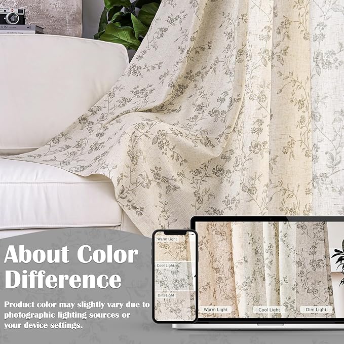 Lazzzy Farmhouse Linen Curtains Gray Floral Curtains 96 Inch Long Back Tab Drapes for Living Room Bedroom Light Filtering Country Vintage Rod Pocket Curtain, 2 Panels, Grey on Beige