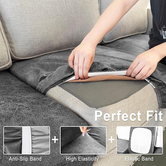 Leather Look Couch Cushion Covers Sofa Seat Slipcovers Sets Couches Furniture Protector for Sectional Armchair Loveseat Pets Kids Stretch Spandex Fabric (1 Cushion Loveseat, Light Grey)