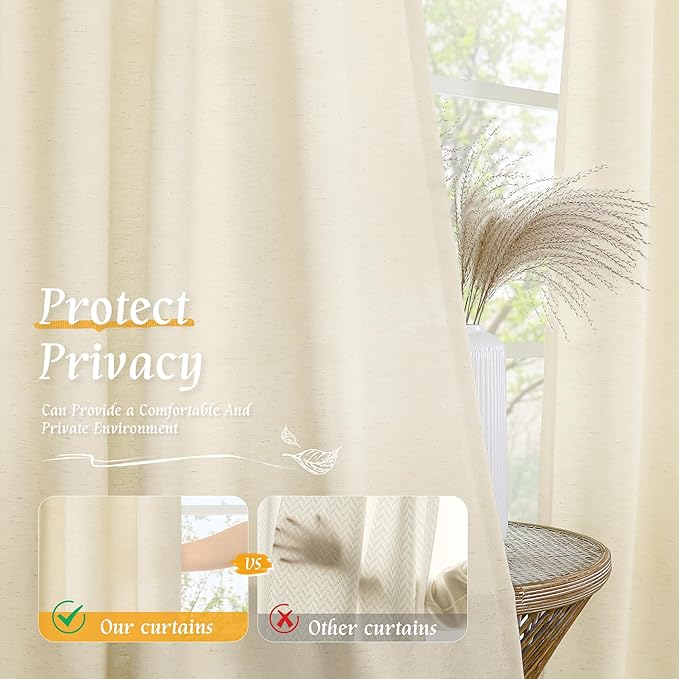 LAMIT Light Beige Linen Textured Curtains 63 inch Length for Bedroom, Soft Semi Sheer Light Filtering Window Treatments Rod Pocket Drapes for Living Room/Small Window, 2 Panels Set, 52 x 63 Inch