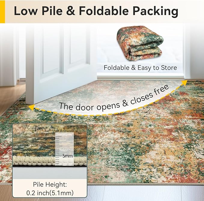 Washable Area Rugs 6'x8' Non-Slip Modern Abstract Soft for Living Room Entryway Bedroom Nursery, Print Pattern, Green Orange Rust Red Cream Colorful