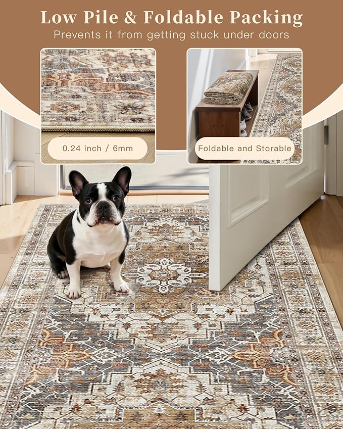Madane Washable Entry Rug 3x4, Area Rugs for Entryway Kitchen Bathroom Door Mat Indoor Entrance, Vintage Floral Print Office Runner with Non Slip Rubber Backing, Turmeric/Grey