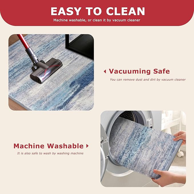 KOZYFLY Modern Abstract Washable Rug Runner 2.6x12 Hallway Rug Runner Non-Slip Soft Kitchen Runner Rugs, Blue/Grey/Beige Striped Carpet for Entryway Bathroom Laundry Room Foyer