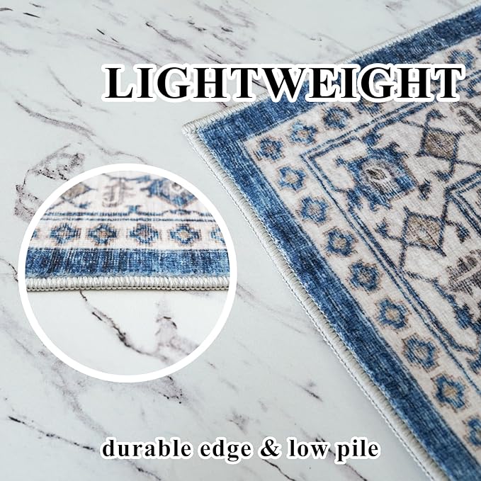 2x3 Washable Vintage Area Rug: Indoor Soft Entryway Rug with Non Slip Backing Water Resistant Carpet for Kitchen Bathroom Laundry Low Pile Door Mat Perfect for Homes with Cats & Dogs(2x3,Blue)