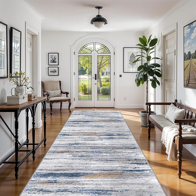 Large Runner Rugs for Hallway 4x18: Non-Slip Washable Wide Carpet - Soft Low-Pile Stain and Spill Resistant Rug for Entryway Living Room Dining Room Balcony Garage Office Navy Grey