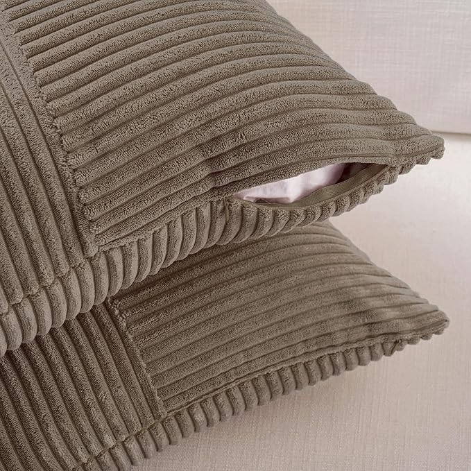Fancy Homi Set of 2, Light Brown Patchwork Corduroy Decorative Soft Striped Modern Accent Cushion Case Farmhouse Boho Neutral Throw Pillow Covers for Chair Couch Bed Sofa Living Room 12x12 Inch