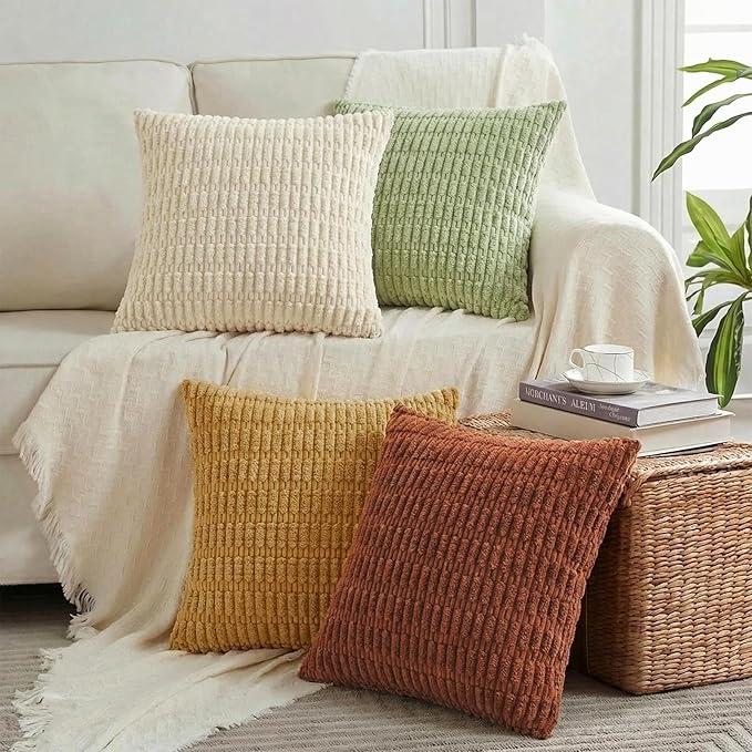 Fancy Homi 4 Packs Boho Fall Small Decorative Throw Pillow Covers 12x12 Inch for Living Room Couch Bed, Modern Farmhouse Home Decor, Soft Plush Striped Corduroy Square Colorful Cushion Case 30x30 cm
