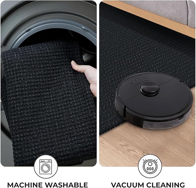KOZYFLY Washable Area Rug 6x9 ft Rubber Backed Non Slip Rugs for Living Room Braided Cotton Bedroom Rug Woven Office Rugs Indoor Floor Carpets for Dining Bedroom Living Room, Black/Dark Grey