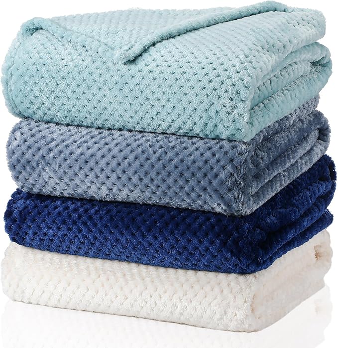 Newwiee 4 Pcs Flanne Fleece Throw Blanket for Bed Couch Large 3D Waffle Textured Soft Blanket Winter Warm Lightweight No Shedding No Pilling Decorative Throw, 50x60 Inch(Gradient Blue)