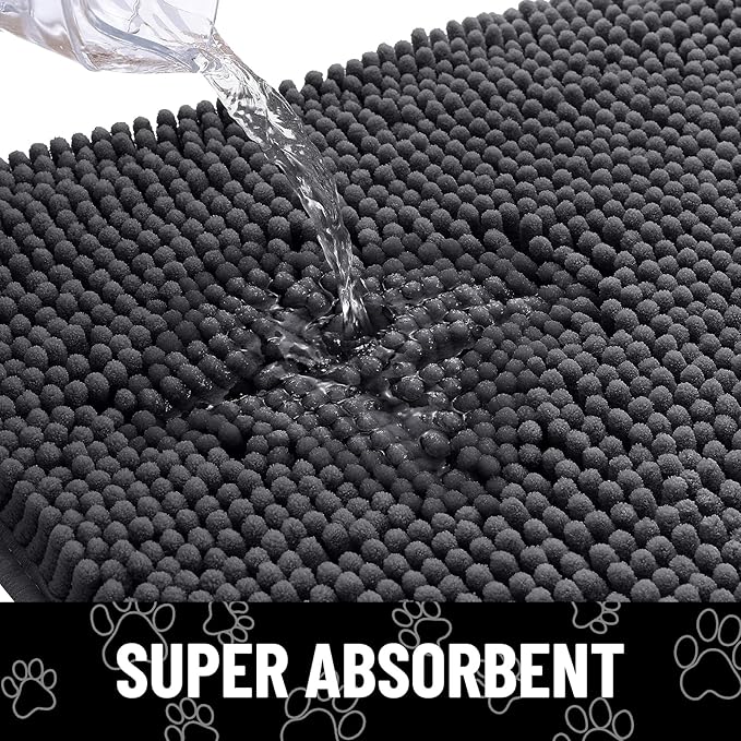 Smiry Dog Door Mat for Muddy Paws, Absorbent Dirt Trapper Non Slip Quick Dry Washable Chenille Mat for Mud Dogs, Entry Rug for Indoor and Outdoor (70x32 Inches, Dark Grey and White)