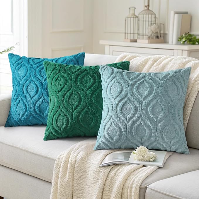 decorUhome Summer Throw Pillow Covers 20x20 Inch Set of 2, Soft Plush Faux Wool Teal Solid Couch Pillow Covers, Accent Farmhouse Neutral Square Pillow Cases for Sofa Bed Living Room