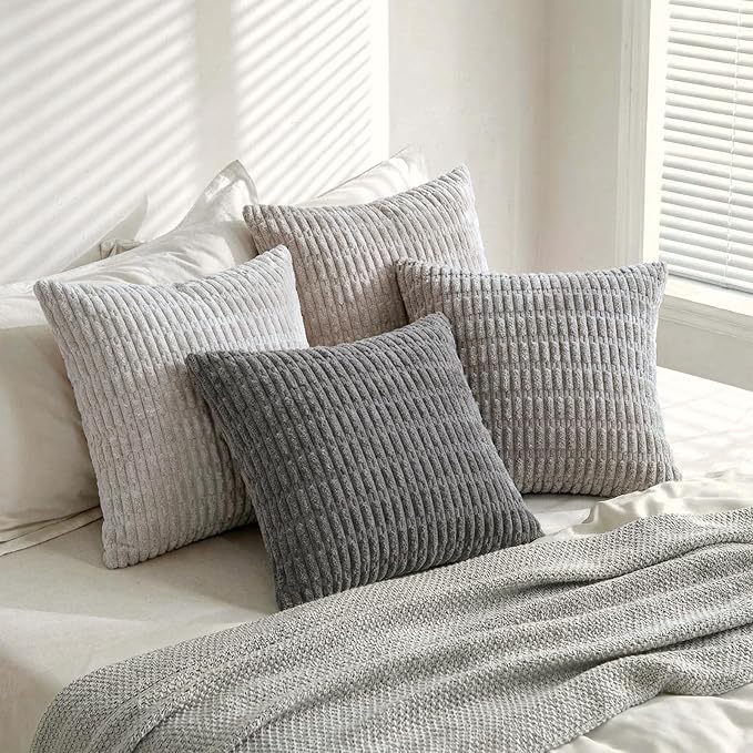 Fancy Homi Set of 4 Grey and White Boho Decorative Throw Pillow Covers 28x28 Inch for Couch Bed Sofa, Aesthetic Modern Bohemian Room Decor, Fuzzy Fluffy Cozy Corduroy Textured Cushion Case 71x71cm