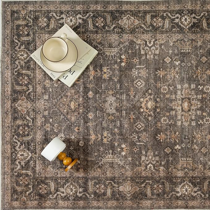 8x8 Washable Round Rug for Living Room Bedroom Vintage Brown Non Slip Carpet Traditional Retro Soft Low Pile Large Cirlce Rug for Dining Room Kitchen Office Indoor