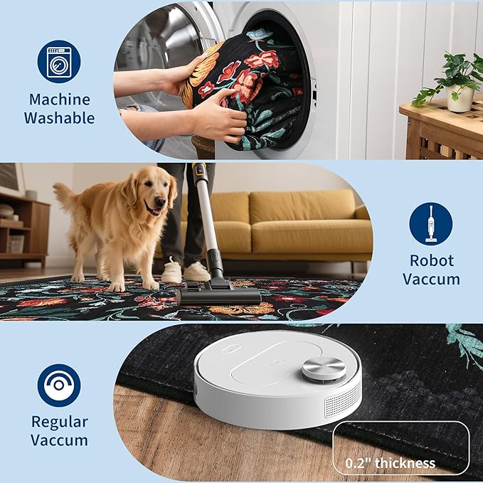 GarveeHome Washable Rug 3x5 Area Rugs for Living Room, Floral Rug for Bedroom, Soft Boho Non Slip Throw Rugs with Rubber Back, Low Pile Stain Resistant Vintage Floral Carpet for Dining Room, Black