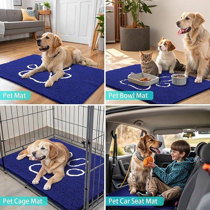 Smiry Dog Door Mat for Muddy Paws, Absorbent Dirt Trapper Non Slip Quick Dry Washable Chenille Mat for Mud Dogs, Entry Rug for Indoor and Outdoor (47x32 Inches, Navy Blue and White)